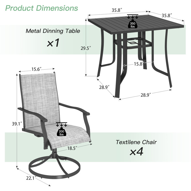5 Piece Patio Dining Set, Outdoor Dining Table And Chairs Set For 4, 4 Swivel Chairs, 1 Iron Square Table With Umbrella Hole, Patio Furniture Set For Deck, Backyard, Lawn, Poolside, Brown/gray/blue