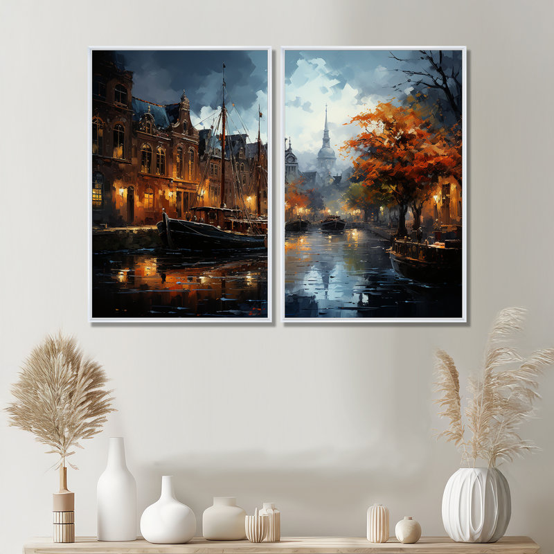 Danemark, Amsterdam, canal, nuit, II - Danemark, ensemble de 2 grandes impressions sur toile, 36" H x 48" W, White