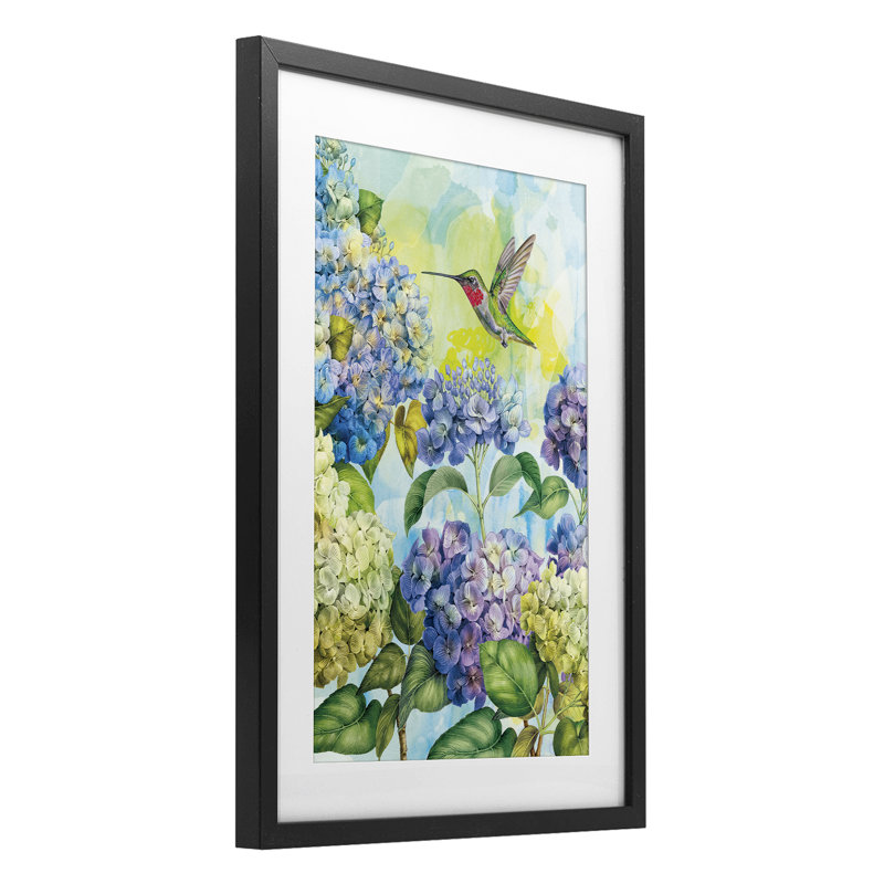 Printemps hortensias avec colibri, impression sous verre, design par Tim Coffey, H 20 po x l 14 po, Cadre noir minuit