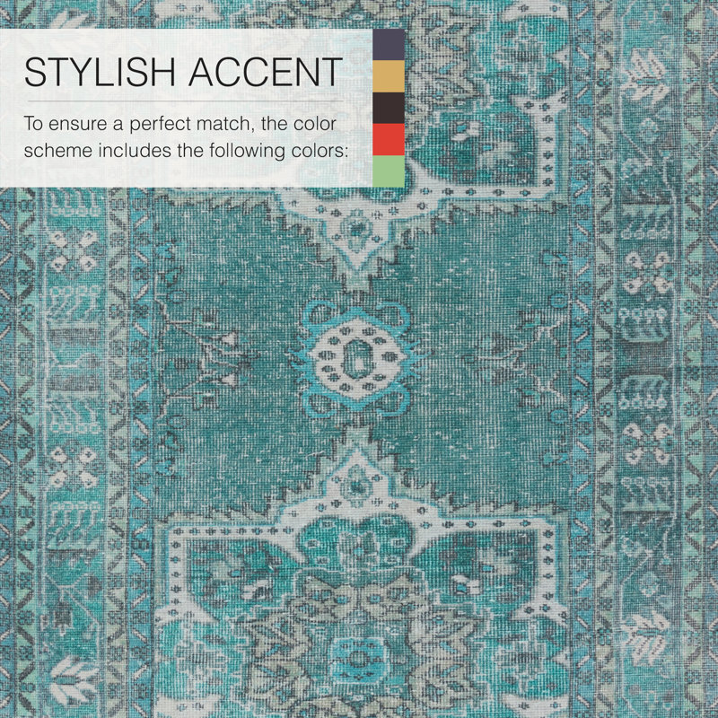 Teal and Gray Synthetic Medallion Runner Rug, 3' x 12'