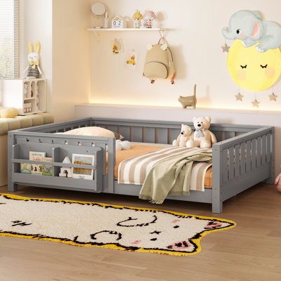 Scandinavian  Floor Bed With Built-In Bookshelf And Safety Guardrail