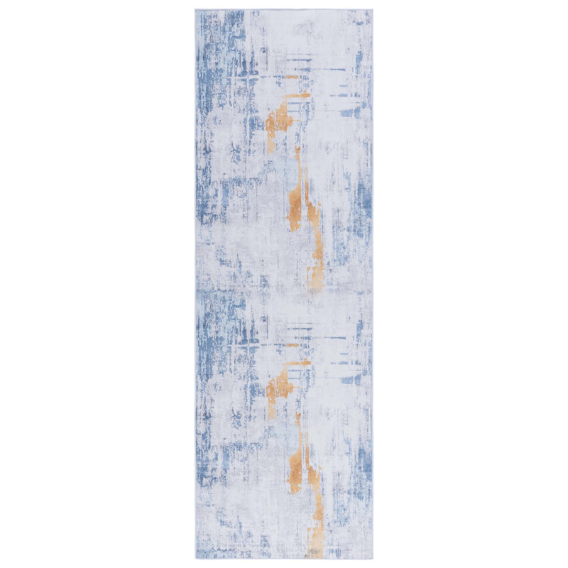 Tapis abstrait gris / bleu, Tapis de couloir 2 pi 6 po x 8 pi