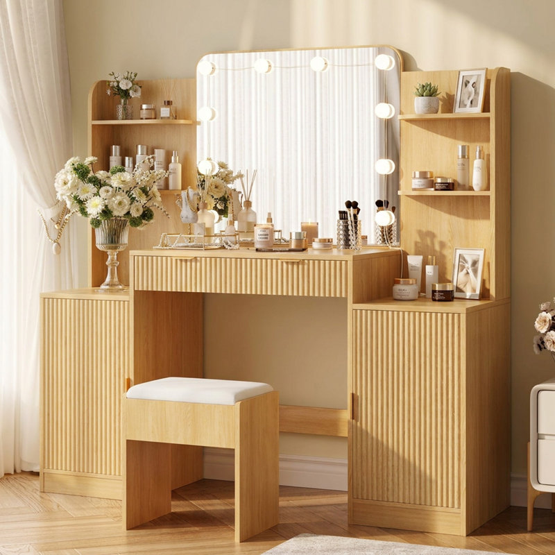 Ensemble de meuble-lavabo cannelé avec miroir à DEL et prise de courant, meuble-lavabo avec tabouret pour chambre à coucher
