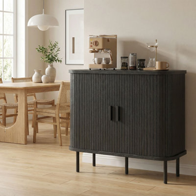 Buffet, armoire de rangement à lattes, noir