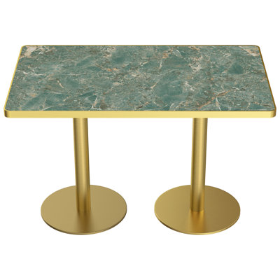 Table de salle de pause rectangulaire moderne en faux marbre vert émeraude et or, 120 cm (47,24 po), avec double pied central doré.