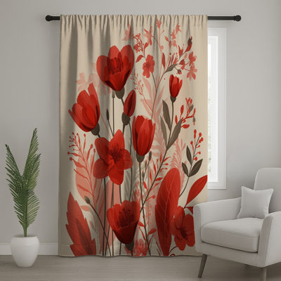 Red Floral Illustration Window Curtains, Floral Sheer & Blockout Curtains - 1 Panel
