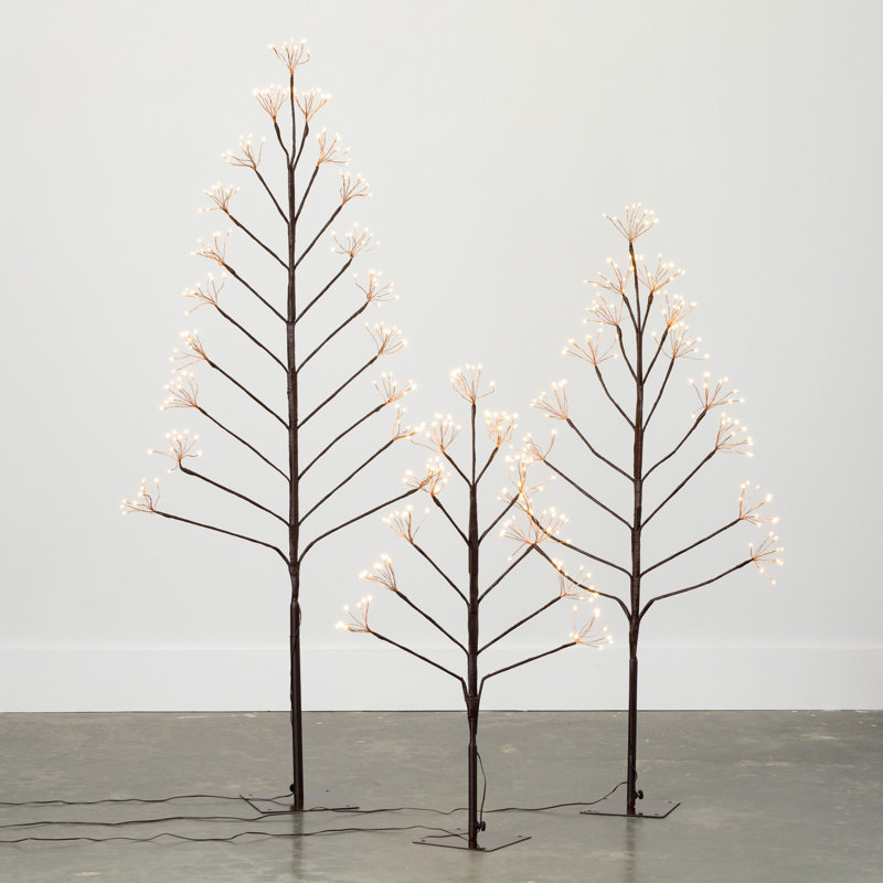 60"H, 47.5"H And 36"H Outdoor Lighted Twig Tree Set; Brown