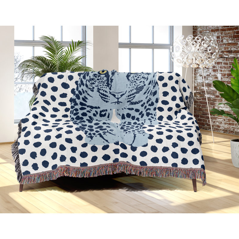 Jeté en mélange de coton Inky Leopard, L 60 po x l 50 po, Bleu / Blanc cassé