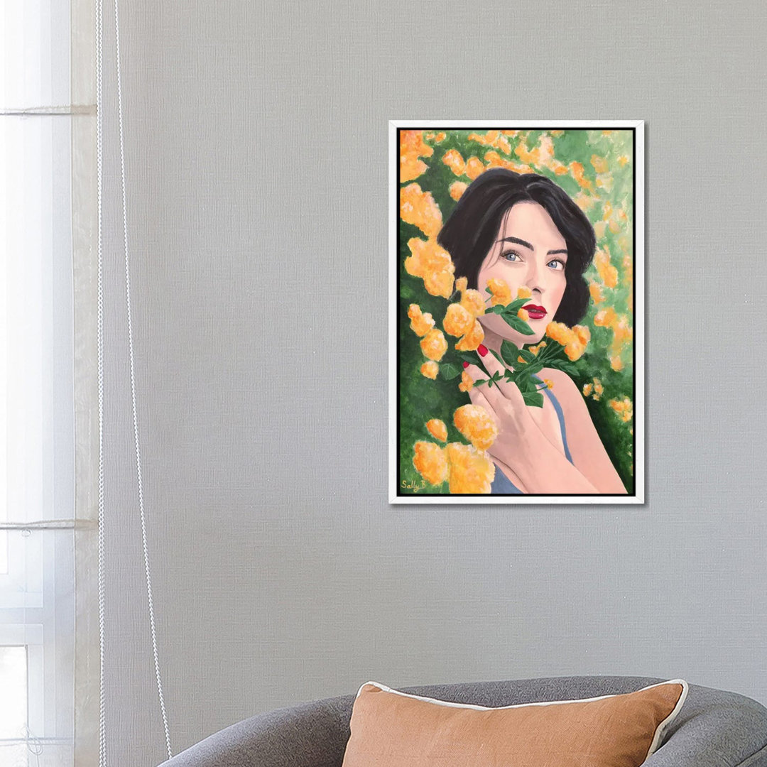 Woman In Orange Flower Garden von Sally B - Galerie-verpackte Leinwand Giclée auf Leinwand