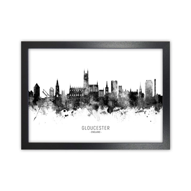 Gloucester England Skyline Black White City Name by Michael Tompsett - Print, 64cm H x 88cm W x 3cm D, Black Framed