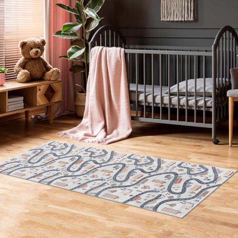 Tapis beige / bleu en polyester tissé à la machine Aaliyan, Tapis de couloir 2 pi 7 po x 7 pi 3 po