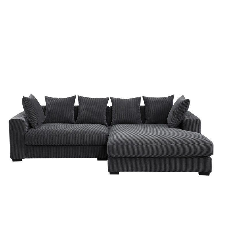 Canapé modulaire 3 pièces en mousse de velours côtelé gris foncé rembourré de douceur et de méridienne Spacieux 6 coussins en plastique noir avec pieds