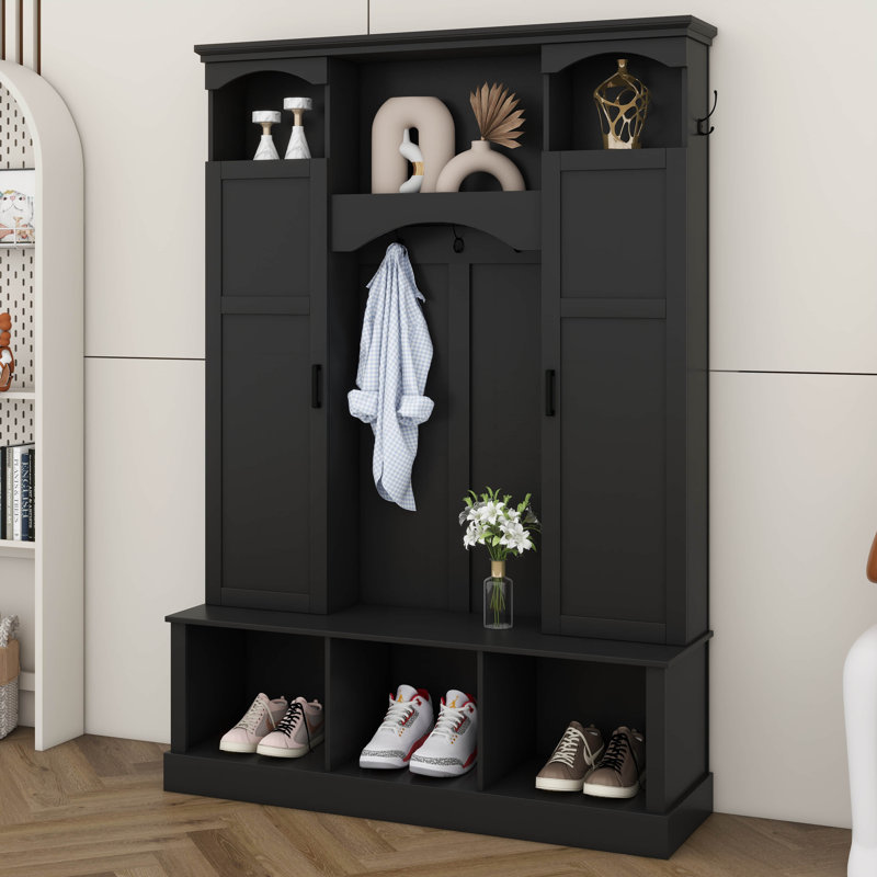 Arbre d'entrée de style campagnard avec tablettes réglables et 7 crochets, organisateur de hall d'entrée tout-en-un, armoire à chaussures et banc de rangement