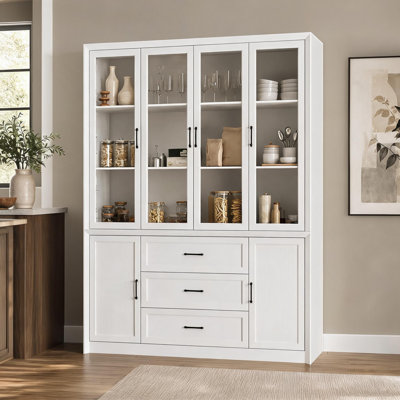 61.8'' W Glass-Door Kitchen Pantry Cabinet With 3 Drawers