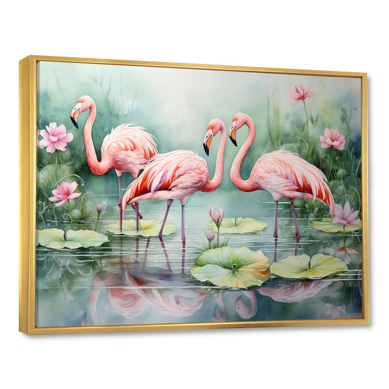 Élégant paradis flamant rose - décoration murale flamant rose, 12" H x 20" W, Cadre flottant doré