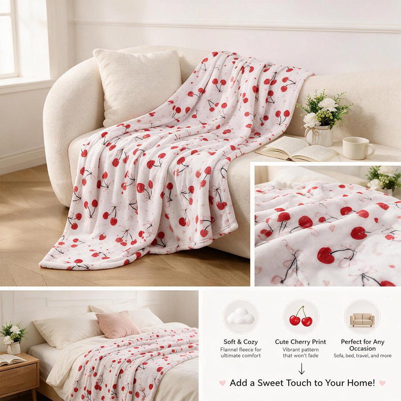 Cherry Patterned Flannel Throw Blanket, Queen