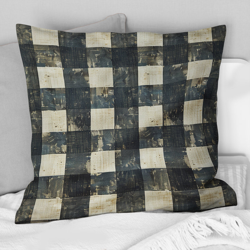 Coussin décoratif noir et gris Gingham III - Mid-Century, H 16 po x l 16 po