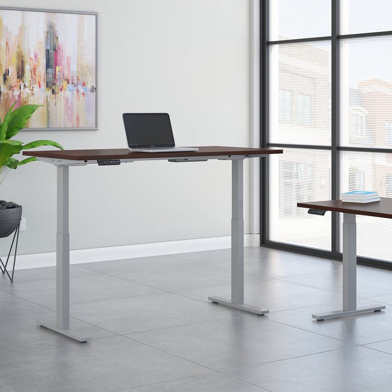 Adjustable Metal Base Standing Desk, Harvest Cherry/Silver, 47.68" H x 59.45" W x 29.37" D