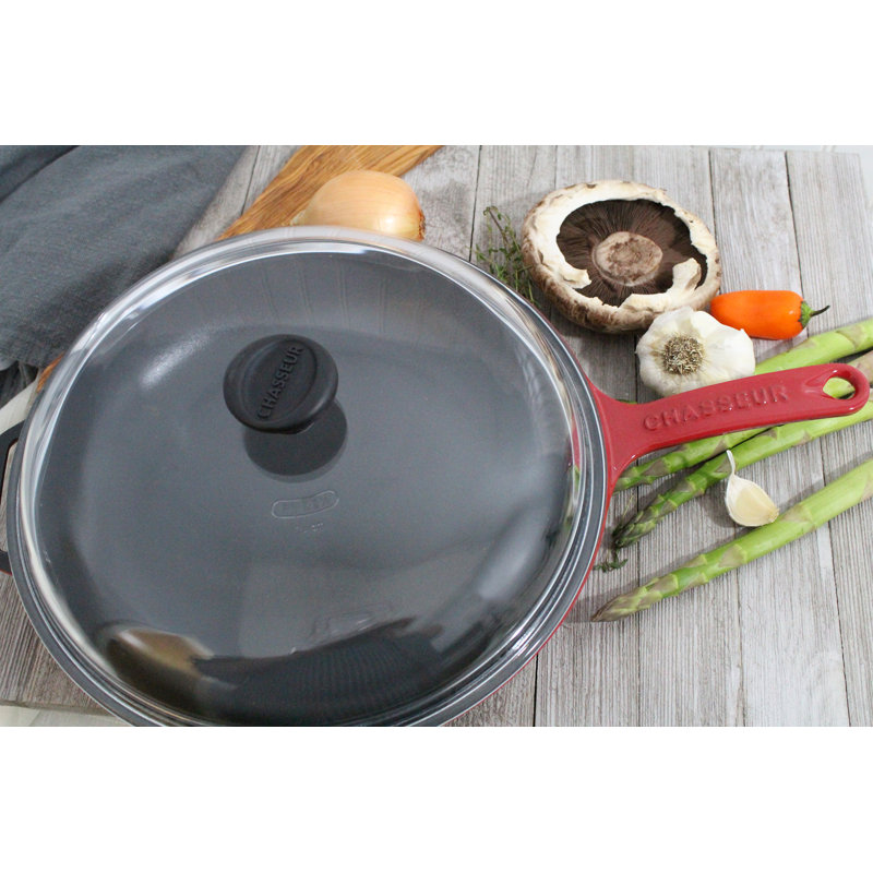 Red Enameled Cast Iron Frying Pan with Glass Lid