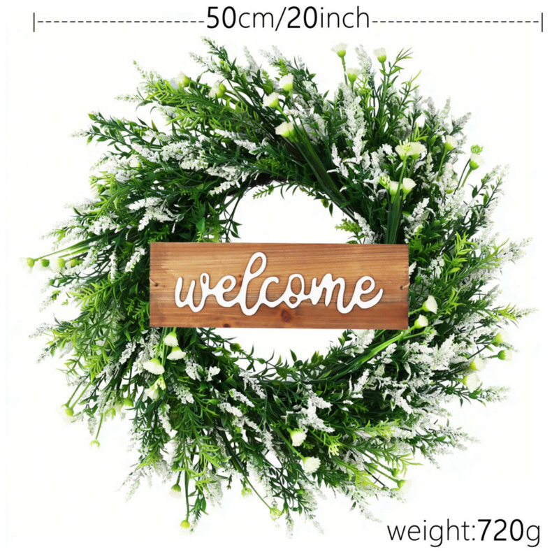 Couronne artificielle de lavande avec fleurs sauvages, guirlande décorative de style champêtre de 50 cm avec panneau de bienvenue en bois et feuilles vertes, blanche