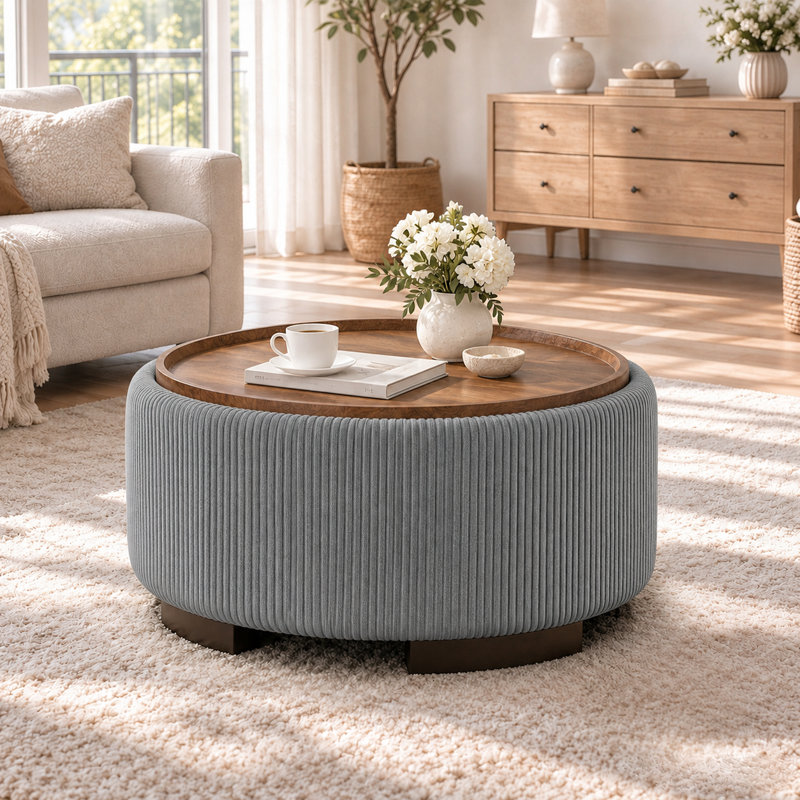 Pouf de rangement rond de 76 cm avec couvercle rabattable, compartiment de rangement dissimulé, tabouret d'appoint pour salon