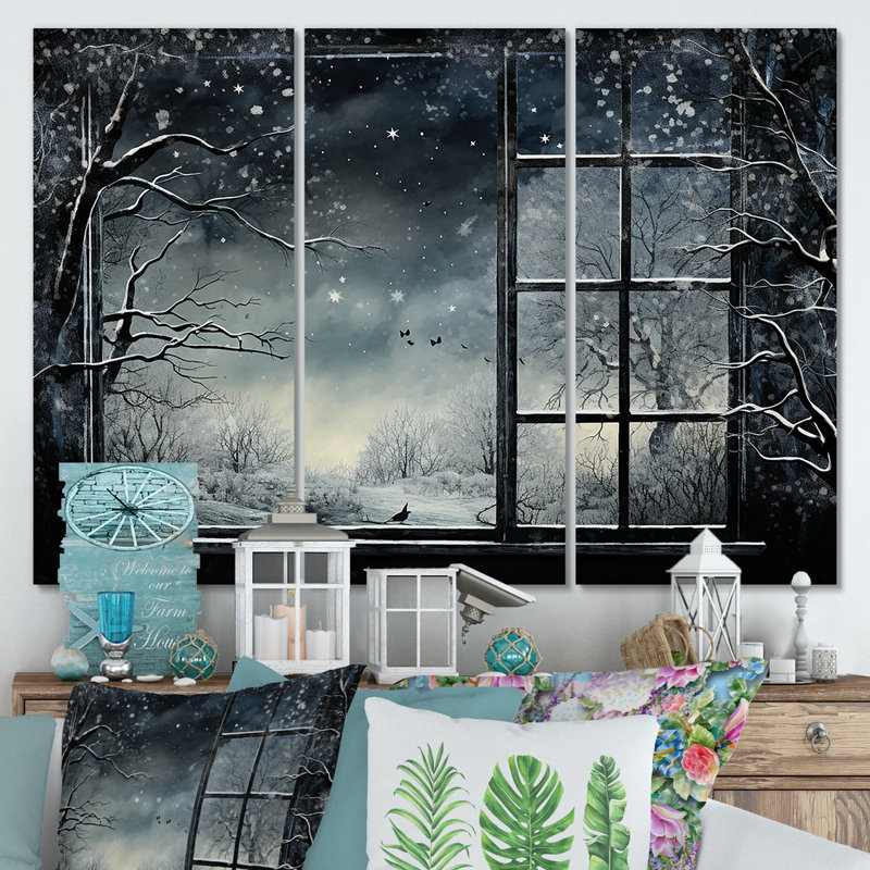 «Midnight Gothic Winter Window View II - Winter Landscape», art mural, Toile tendue, H 28 po x l 36 po x P 1 po