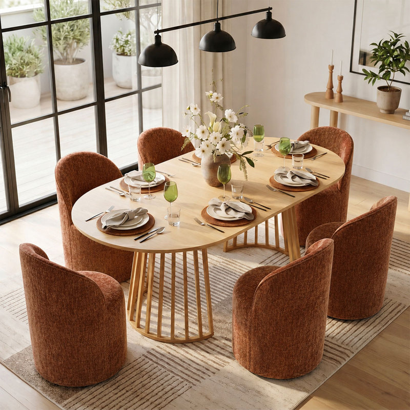 6 - Person Dining Table Sets With Extendabe Oval Table & 6 Upholstered Chenille Rolling Chairs, Terra