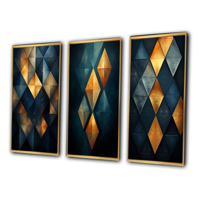 «Golden Diamond Rising On Retro Blue», 3 pièces sur toile