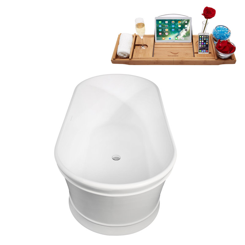 65" Streamline Soaking Freestanding Tub and Tray With Internal Drain, Polished Chrome