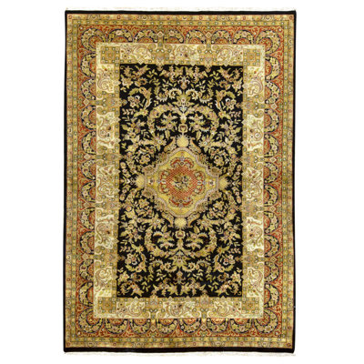 Hand Knotted Wool Oriental Area Rug in Black And Wine