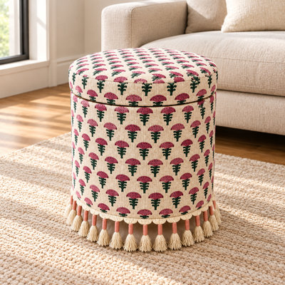 Bohemian Upholstered Storage Ottoman with Fringes