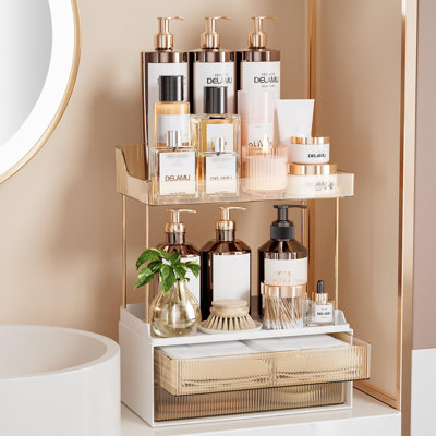 2-Tier 2-Drawer Amber Bathroom Organizer - Easy to Install Countertop Storage - Fits Skincare Perfume Present Bathroom Vanity Desk