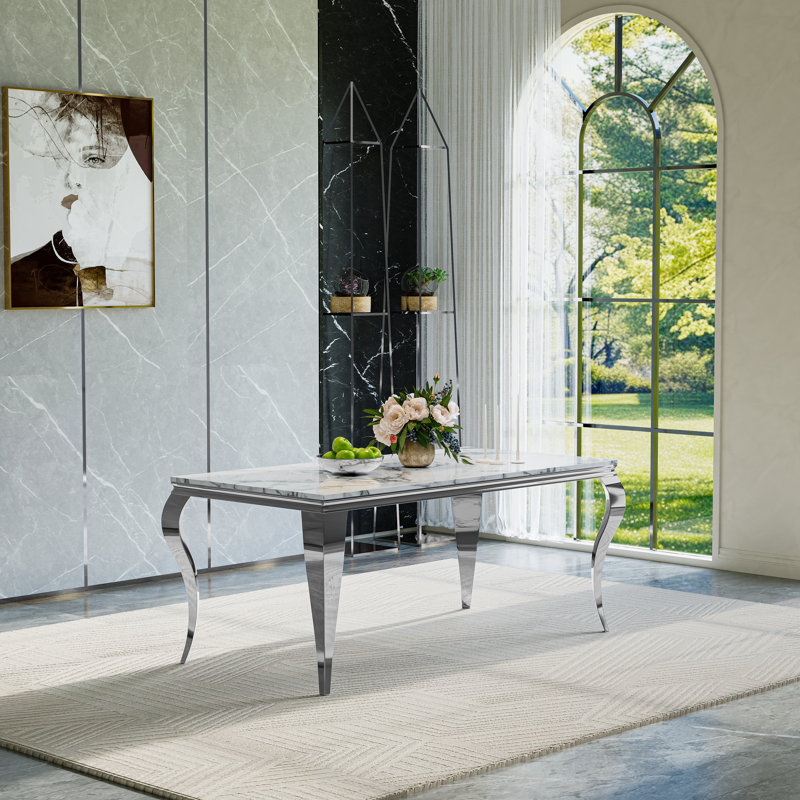 7-Piece Modern Dining Set with Faux Marble Tabletop and Upholstered Chairs – Stainless Steel Legs, Seats 6, White/Silver