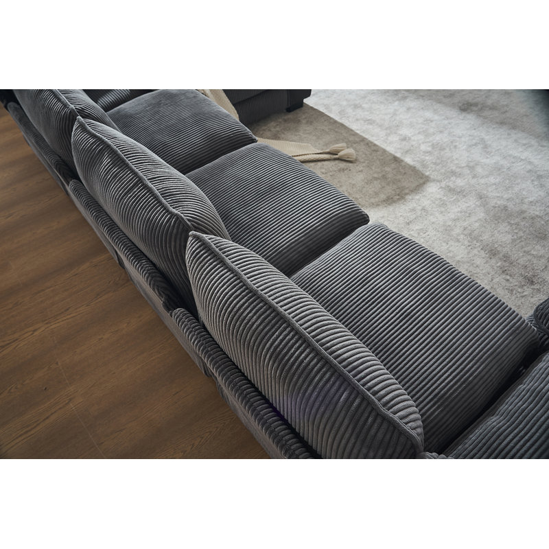 Canapé modulaire moderne en U à 6 places avec un repose-pieds et trois coussins décoratifs, Velours côtelé gris