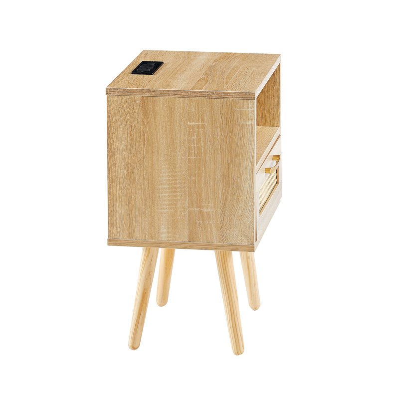 Okawville Rattan Nightstand with Drawer Bed Side Table Modern Nightstand Bedroom End Tables, Oak