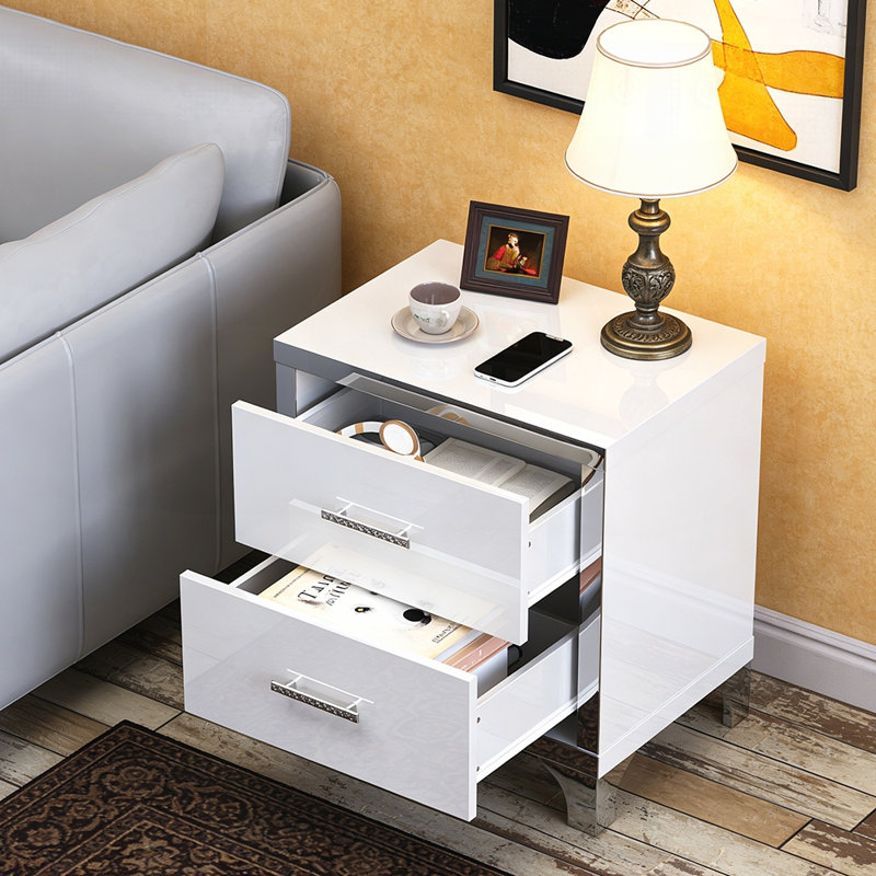 Table de chevet à miroir haute brillance avec 2 tiroirs, design moderne et élégant pour les espaces compacts, White