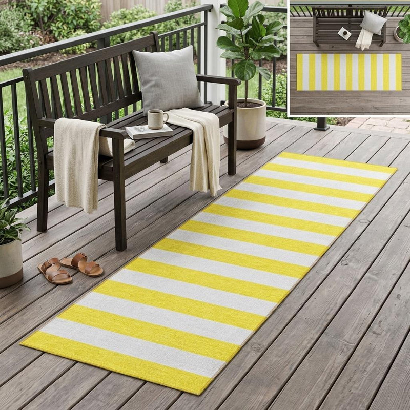 2' X 8' Yellow and White Striped Washable Indoor Outdoor Runner Rug