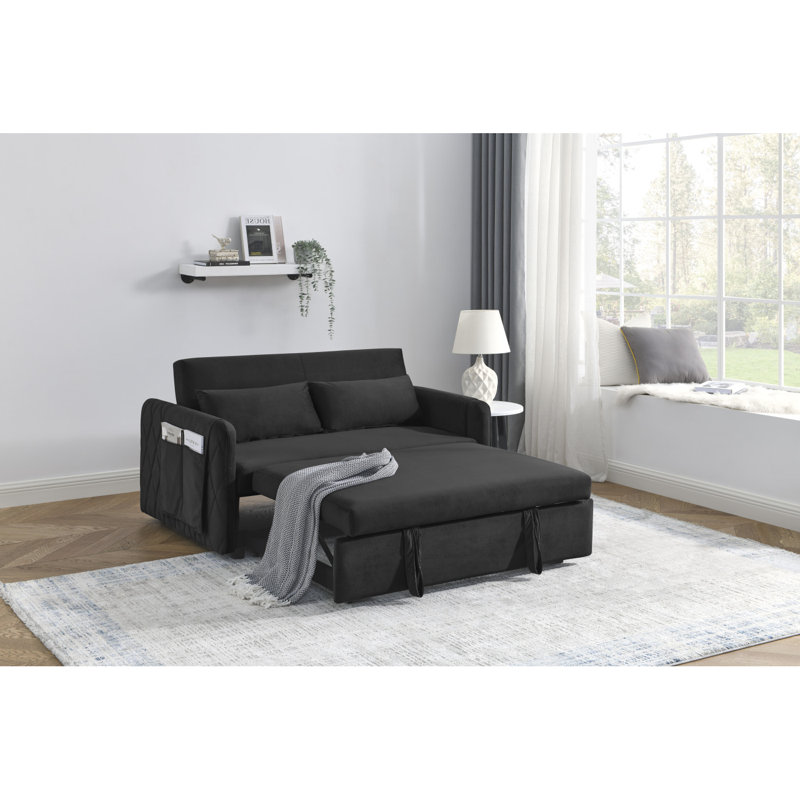 Canapé-lit moderne convertible de 55 po avec 2 poches pour accoudoirs amovibles, canapé-lit en velours avec lit escamotable, 2 coussins et dossier réglable pour le salon, accoudoirs à motif quadrillé