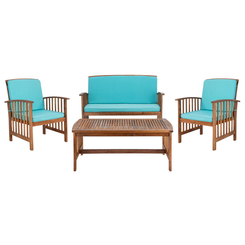 Delosreyes Acacia 4 - Person Patio Conversation Set with Cushions, Natural Frame/Aqua Cushion