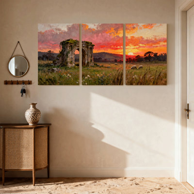 Scénario et paysages urbains coucher de soleil ruines champ moutons paysage ensemble de 3 impressions sur toile