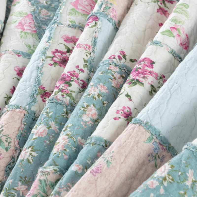 Floral Patchwork Blue and Pink Cotton Throw Blanket