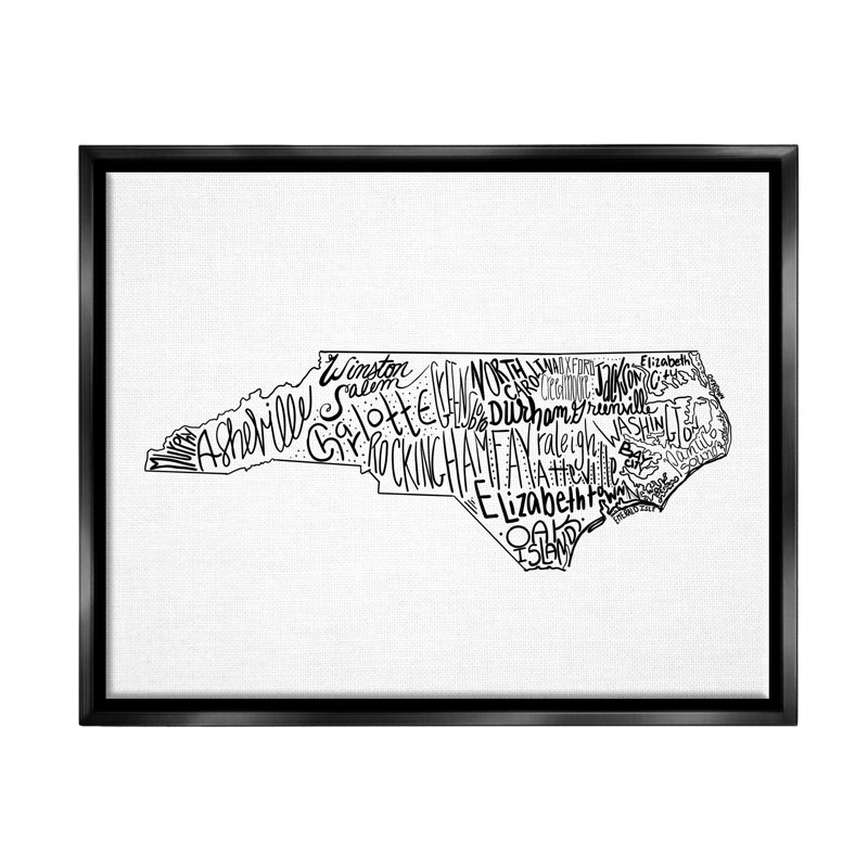 Les villes de la Caroline du Nord par «The Morning Evening Post», art textuel sur toile, Cadre flottant noir de jais