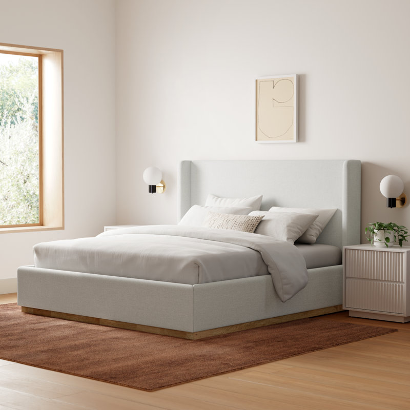 Aaryah Earby Upholstered Panel Bed, King, Cream Linen Textured Fabric