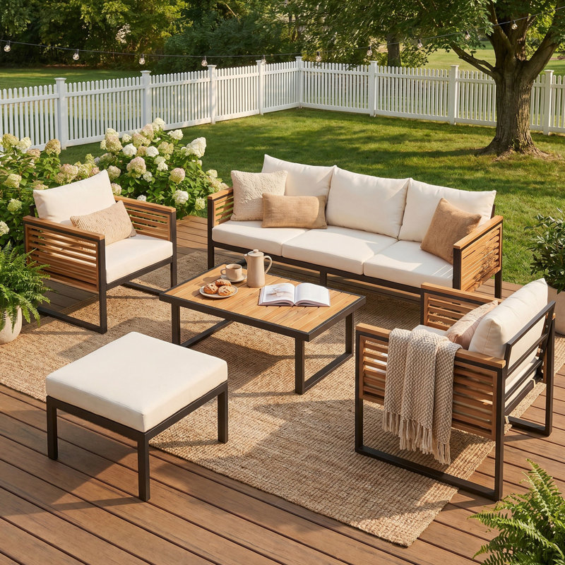 Ensemble de meubles en bois d'acacia 5 pièces, canapé pour conversation avec table basse et repose-pieds, ensemble de canapé d'extérieur 3 places pour le jardin