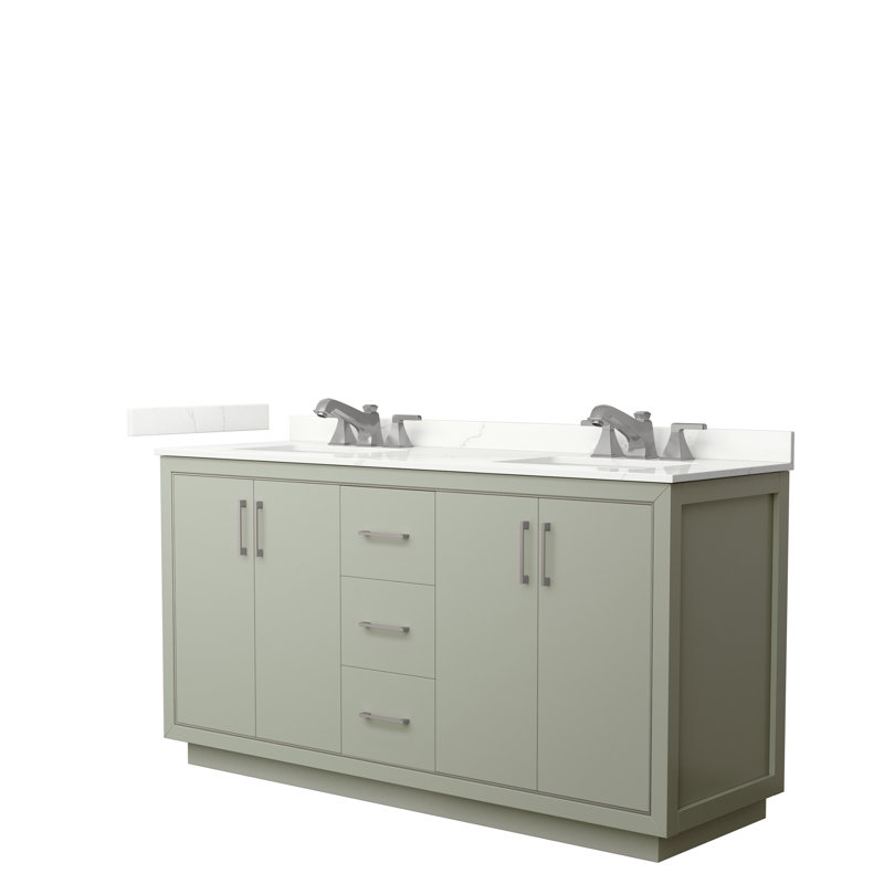 66 meuble-lavabo double avec plateau 66, Quartz Giotto, Vert clair, Nickel brossé