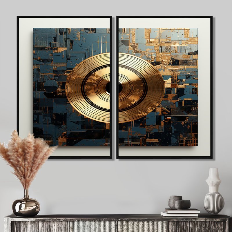 Disque vinyle doré et gris Melody I - art mural doré, 36" H x 48" W, Impression encadrée flottante, Noir