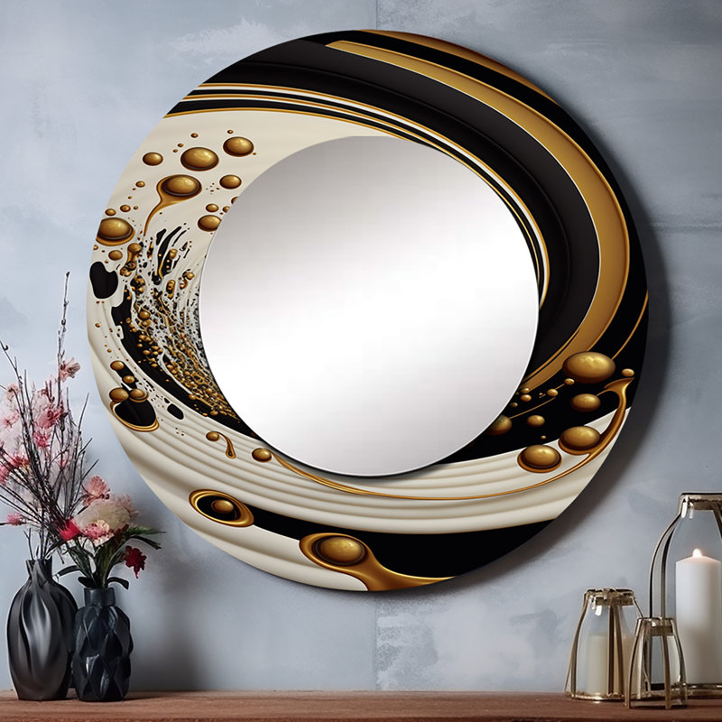 Olgica noir, argent et or mélangeant des tourbillons IV - spirales abstraites, décor de miroir mural unique, grand miroir rond noir, art imprimé en métal