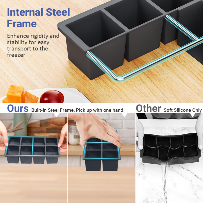 Large Ice Cube Trays For Whiskey:  Big Silicone Ice Cube Trays 2Inch- Huge Square Ice Cubed Tray For Whisky And Cocktail