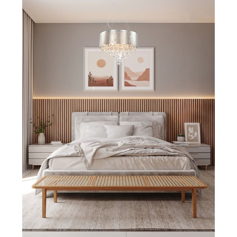 Lustre 5 lumières en chrome avec cristaux transparents, H 81 po x l 24 po x P 24 po