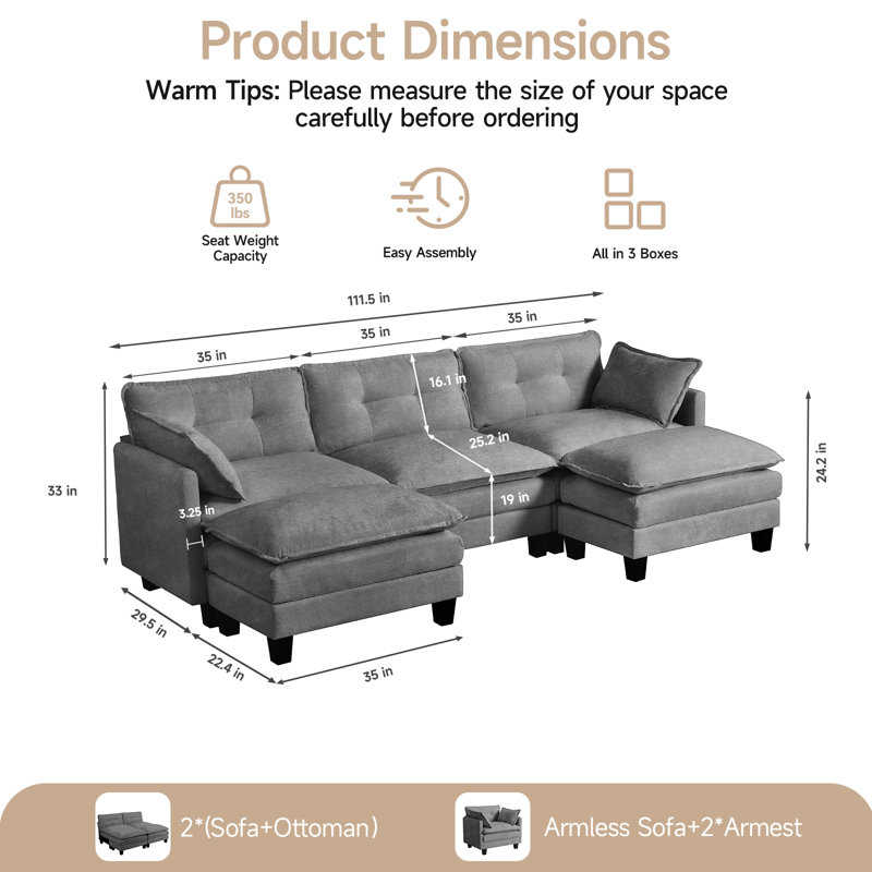 111.5" U-Shaped Chenille Modular Sofa - 3-Seater with Cloud-Like Soft Seating & 2 Movable Ottomans, Modular Flexible for Customizable Living Layouts (Grey)